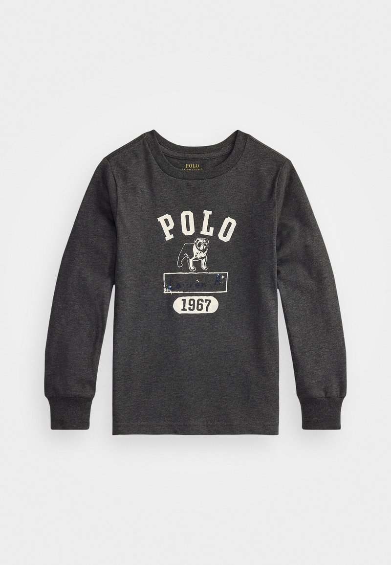 Gray long-sleeve T-shirt made of cotton, featuring a graphic of a dog and "POLO 1967" in contrasting white and blue print.