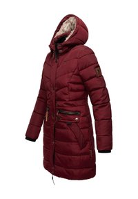 Burgundy puffer jacket with a faux fur-lined hood, diagonal stitching, two zippered pockets, and knit cuffs. Features a badge on the sleeve.