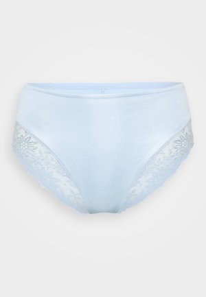 Light blue women's underwear with a smooth fabric front and intricate lace detailing on the sides, featuring scalloped edges.