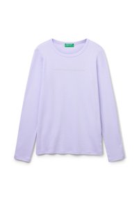 Hellblaues langärmliges Crewneck-Shirt mit dezent gesticktem "United Colors of Benetton"-Text auf der Brust.