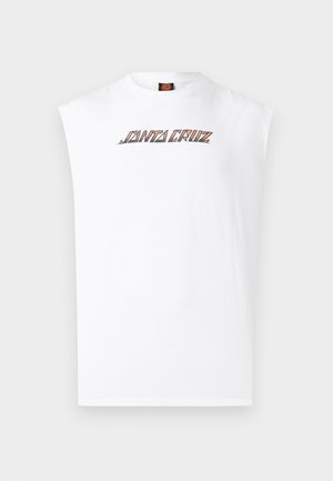 Biały bezrękawnik z pomarańczowo-czarnym logo tekstowym "Santa Cruz" umieszczonym na środku klatki piersiowej.