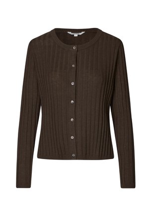 Cardigan marron à côtes, avec des manches longues, un col rond et cinq boutons de fermeture. Il présente une texture douce et une coupe ajustée.
