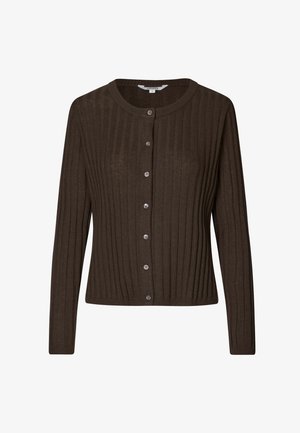 Cardigan marron à côtes, avec des manches longues, un col rond et cinq boutons de fermeture. Il présente une texture douce et une coupe ajustée.