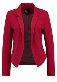 Blazer rosso su misura con colletto strutturato, due tasche laterali con zip e foderato in satin. Tessuto liscio con leggera texture.