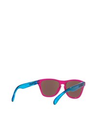 Sunglasses with a pink rounded frame and blue arms. Brown tinted lenses. Features logo on the left arm. Plastic material, lightweight design.