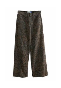 Brede spijkerbroek van bruin denim met een zwart luipaardprintontwerp, vijf zakken en een knoopsluiting. Zware textuur met een casual pasvorm.