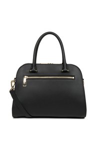 Sac à main en cuir noir de forme ronde, avec deux poignées et une bandoulière amovible. Il comporte une poche zippée à l'avant et des accents en matériel doré.