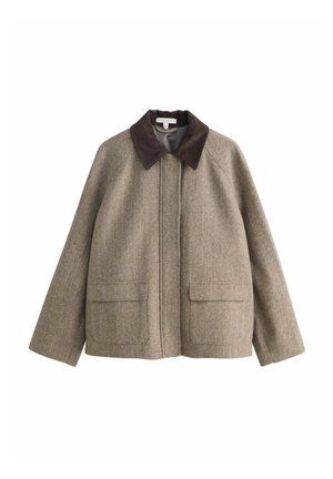 Brown wool jacket with dark brown corduroy collar, front flap pockets, and a concealed front fastening.