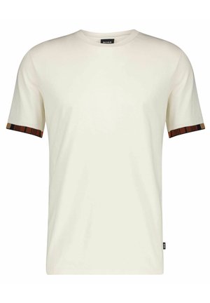 Cremefarbenes T-Shirt mit kurzen Ärmeln aus weichem Stoff, mit gemusterten Akzenten in Erdtönen an den Bündchen. Schlichter Rundhalsausschnitt, reguläre Passform.