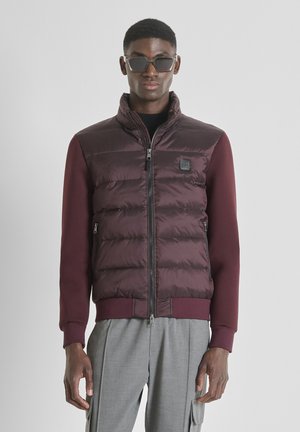 Man wearing dark burgundy padded jacket with zip front and long sleeves, gray trousers with cargo pockets, and large square sunglasses.