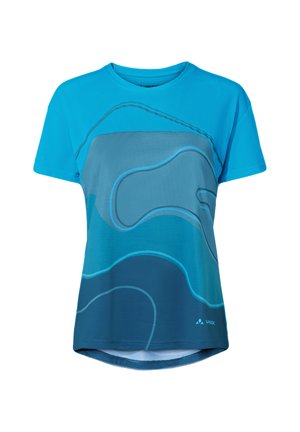 Blaues, kurzärmeliges Sportshirt mit abstrakten, geschichteten Wellenmustern in verschiedenen Blautönen und einem kleinen Vaude-Logo unten rechts.