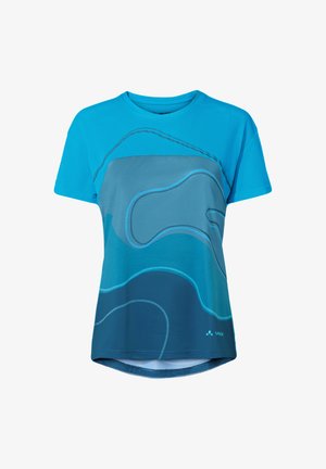 Blaues, kurzärmeliges Sportshirt mit abstrakten, geschichteten Wellenmustern in verschiedenen Blautönen und einem kleinen Vaude-Logo unten rechts.