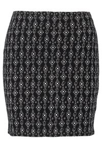 Jupe noire ajustée avec un motif géométrique en losanges blancs répété.