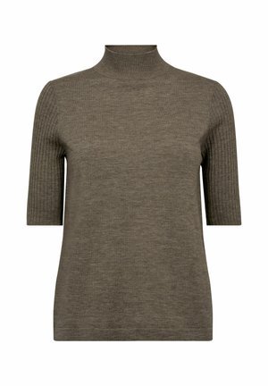 Kratka majica s turtleneck-om kratkih rukava u tamno maslinastoj boji, izrađena od rebrastog pletenog materijala s glatkom teksturom tijela i uskim krojem.