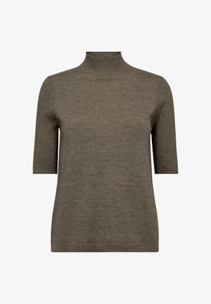 Korte mouwen coltrui in donkergroen, gemaakt van geribbelde brei-stof met een gladde textuur op het lichaam en een aansluitende silhouette.