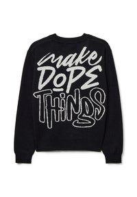 Maglione nero con scritte in maglia bianca sulla schiena che leggono "fai cose stupende". Design classico con collo rotondo, texture morbida.