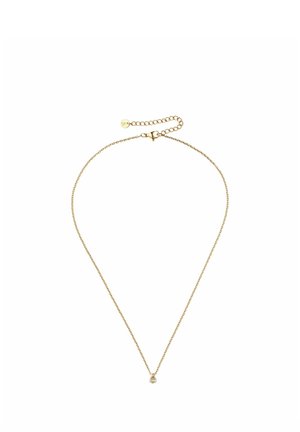 Collier délicat en chaîne dorée avec un petit pendentif unique en forme de goutte et une fermeture réglable sur fond blanc.