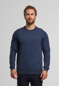 Maglione a maglia blu navy con scollo a giro, maniche lunghe e polsini a costine. Presenta un logo discreto sul petto. Texture morbida.