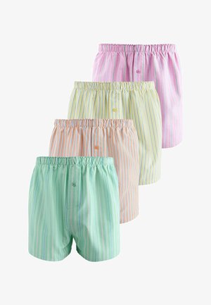 Vier Paar gestreifte Boxershorts in Grün, Orange, Gelb und Pink mit elastischen Bund und vorderen Knöpfen, übereinander angeordnet.