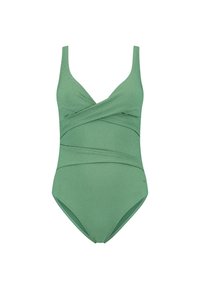 Zelené jednodílné plavky s výstřihem do V, překříženým předním detailem, bezšvovými stranami a hladkým, strukturovaným povrchem.