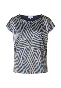 Krótki rękaw top z geometrycznym wzorem w granatowo-kremowych kolorach. Wykonany z lekkiego materiału, o luźnym kroju i okrągłym dekolcie.