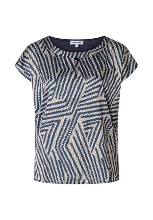 Kurzärmliges Oberteil mit geometrischem Muster in Marineblau und Creme. Hergestellt aus leichtem Stoff mit lockerer Passform und runder Halslinie.