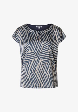 T-shirt à manches courtes avec un motif géométrique en bleu marine et crème. Fabriqué en tissu léger, avec une coupe décontractée et un col rond.