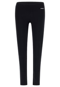 Leggings neri realizzati in un materiale elasticizzato con una vita senza cuciture. Presentano un piccolo logo argentato sul fianco sinistro. Design aderente.