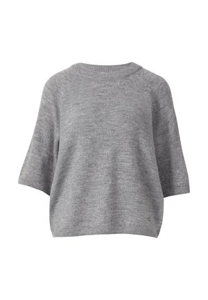 Pull en maille grise avec un col rond, des manches courtes et une coupe ample. Texture douce avec de subtiles variations de couleur de fil.