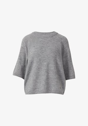 Grauer Strickpullover mit rundem Ausschnitt, kurzen Ärmeln und lockerer Passform. Weiche Textur mit subtilen Farbvariationen des Garns.