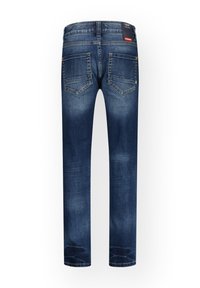 Jeans in denim blu scuro con taglio dritto, dotati di due tasche posteriori e una leggera scoloritura. Etichetta visibile sulla vita.