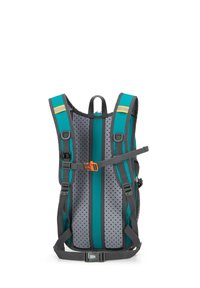 Zaino in rete color teal e grigio con spallacci imbottiti, fibbia toracica regolabile e maniglia centrale. Nota per il suo design traspirante e il tessuto resistente.