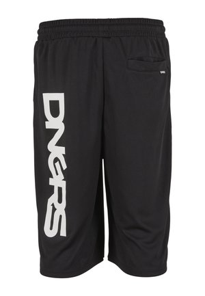 Mustad spordipüksid elastse vöökohaga, küljetasku ja vasakul jalal suure valge vertikaalse tekstiga "DNGRS".
