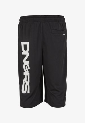 Mustad spordipüksid elastse vöökohaga, küljetasku ja vasakul jalal suure valge vertikaalse tekstiga "DNGRS".