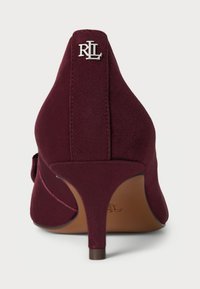 Burgundy suede high-heeled shoe with a pointed toe and stiletto heel; features a silver logo accent on the back.