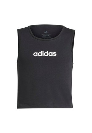 Top corto senza maniche di colore nero, realizzato in tessuto liscio, con logo centrale bianco di adidas. Collo rotondo e orli puliti.