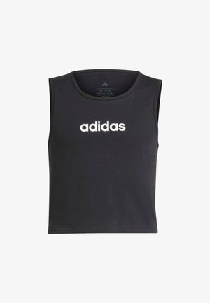 Top corto senza maniche di colore nero, realizzato in tessuto liscio, con logo centrale bianco di adidas. Collo rotondo e orli puliti.