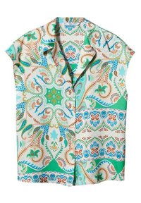 Camisa de manga corta con un patrón paisley en tonos verde azulado, azul y óxido sobre un fondo blanco; tela ligera y suave con cuello.