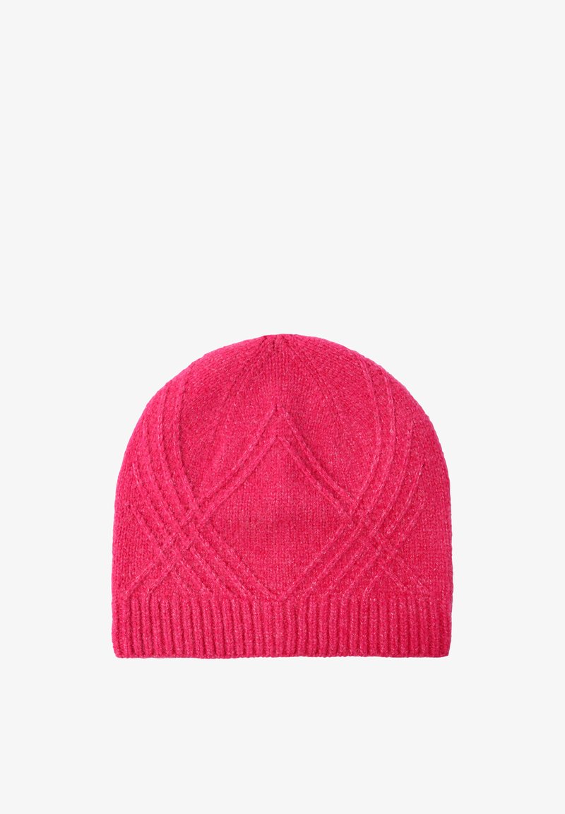 Pink knitted beanie hat featuring a textured diamond pattern and ribbed hem. Made of warm, soft material suitable for cold weather.