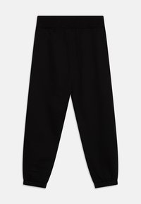 Schwarze elastische Bundhosen mit gerafften Bündchen. Hergestellt aus einem weichen, glatten Material; verfügt über ein gerades Bein-Design ohne Taschen.