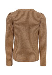Bruine ribgebreide trui met een ronde hals, lange mouwen en subtiele metallic stiksels door de stof, die textuur en detail laten zien.