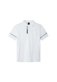 Polo bianco con colletto classico, placca con tre bottoni e accenti a righe blu navy sulle maniche. Realizzato in tessuto morbido.