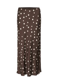 Jupe midi marron à pois blancs, coupe droite et tissu lisse, présentée sur fond blanc.