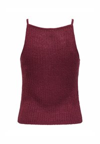 Débardeur en maille côtelée bourgogne avec des bretelles fines et une silhouette ajustée. Texture douce, design long jusqu'à la hanche, et sans embellissements supplémentaires.