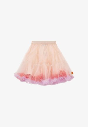 Light pink tulle skirt with layered ruffles and a gradient trim blending from pink to purple along the hem.