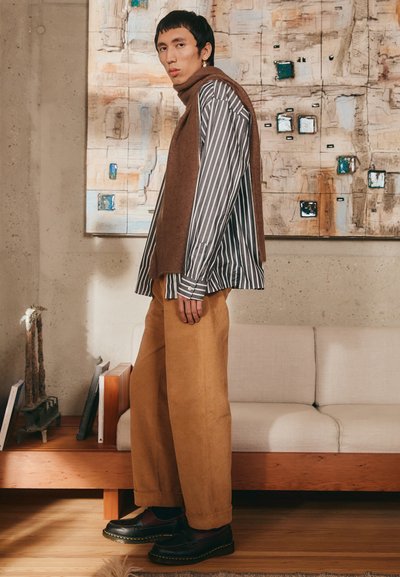 En person står iført en brun strikket vest over en stribet skjorte, paired med brede khaki-bukser og sorte sko. Baggrunden prydes af abstrakt kunst.