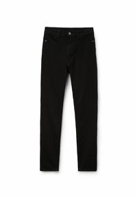Jeans negros de corte ajustado, hechos de denim, con un diseño clásico de cinco bolsillos, cierre frontal de botón y pasadores para cinturón.