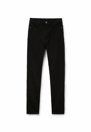 Schwarze Jeans mit schlanker Passform, aus Denim, ausgestattet mit einem klassischen Fünf-Taschen-Design, Druckknopf-Verschluss und Gürtelschlaufen.