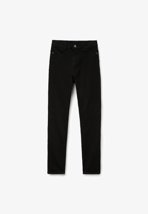 Zwarte jeans met een slim fit, gemaakt van denim, met een klassiek vijf-pocket ontwerp, een knoopsluiting aan de voorkant en riemlussen.