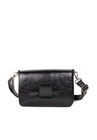 Black leather shoulder bag with a smooth texture, rectangular shape, front flap, and a detachable strap featuring a silver clasp.